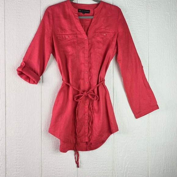 Lady Hathaway Button Up Red Tunic S/P Braided Fringe Belt 100% Linen Valentine's - Picture 6 of 16